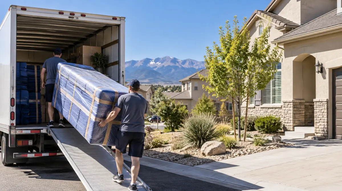 House on a residential street with a moving truck parked out front