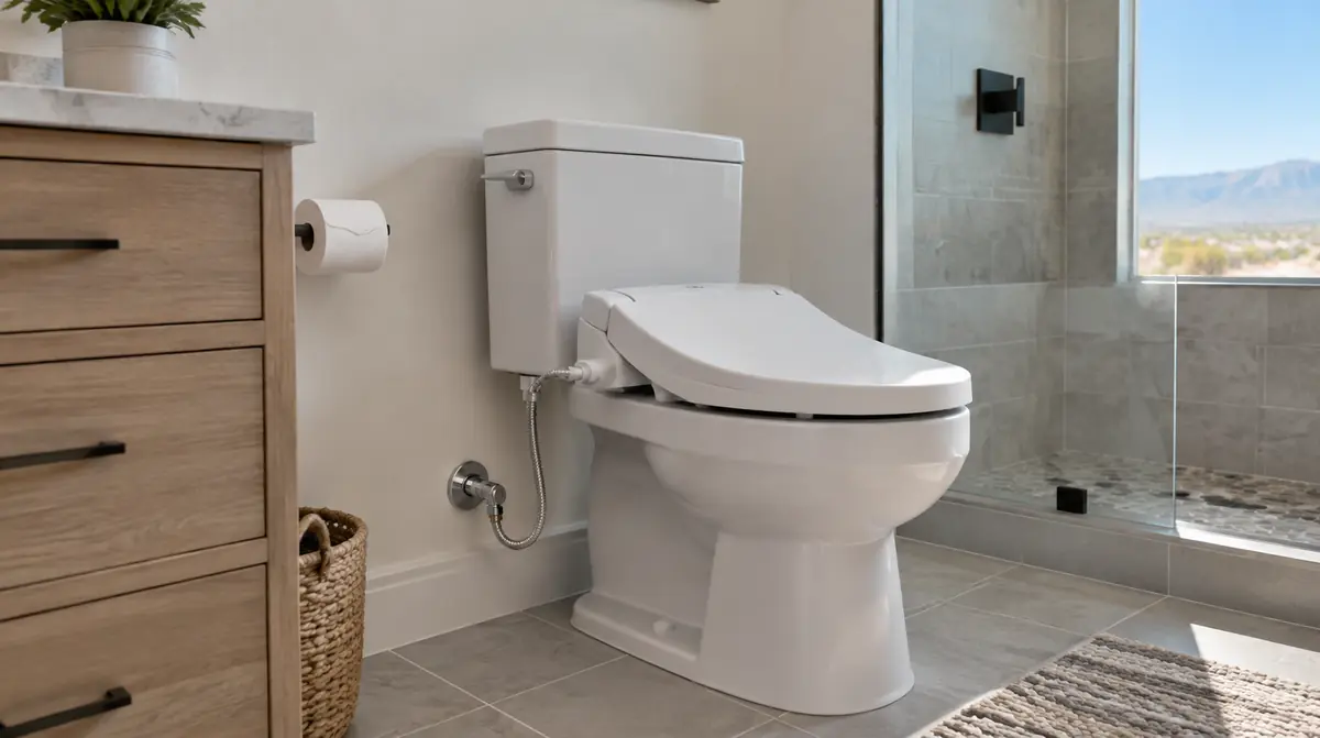 Bidet seat on a toilet in a bathroom