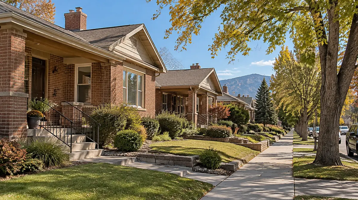 Brick homes along a tree-lined residential street