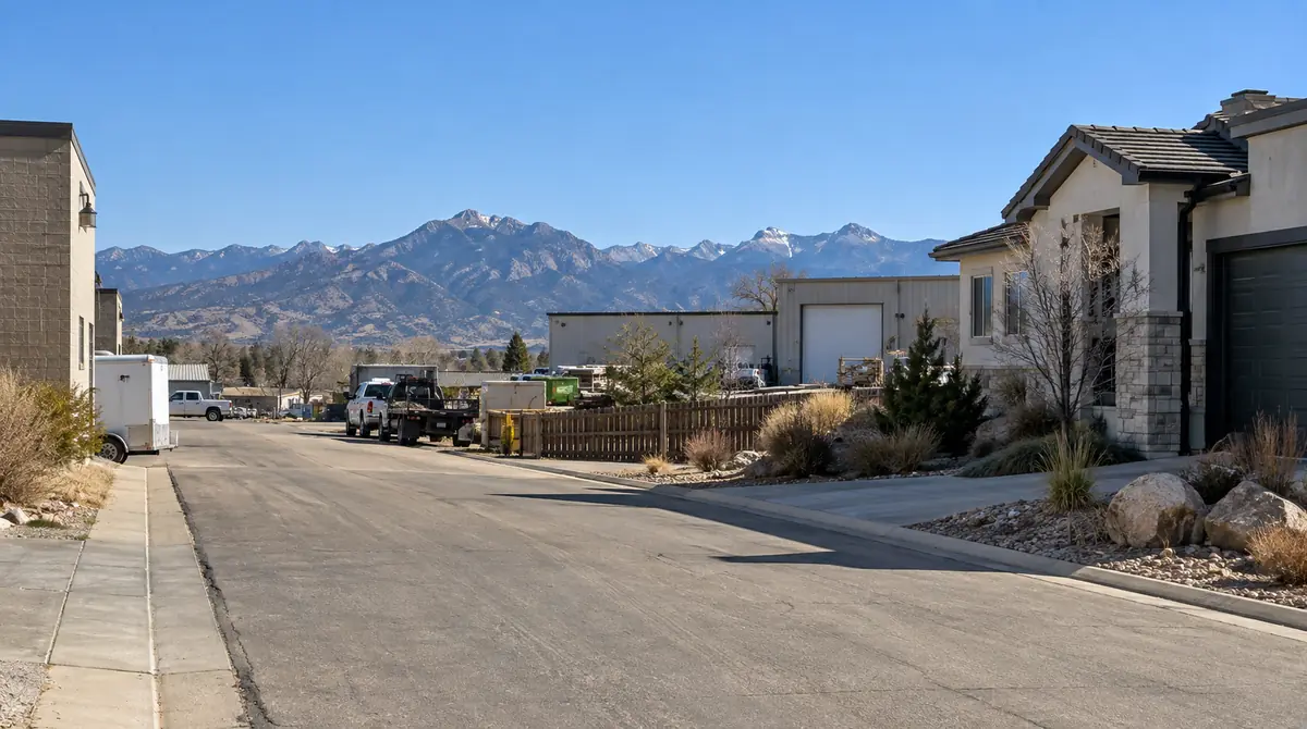 Street with a small shop and mountains in the background