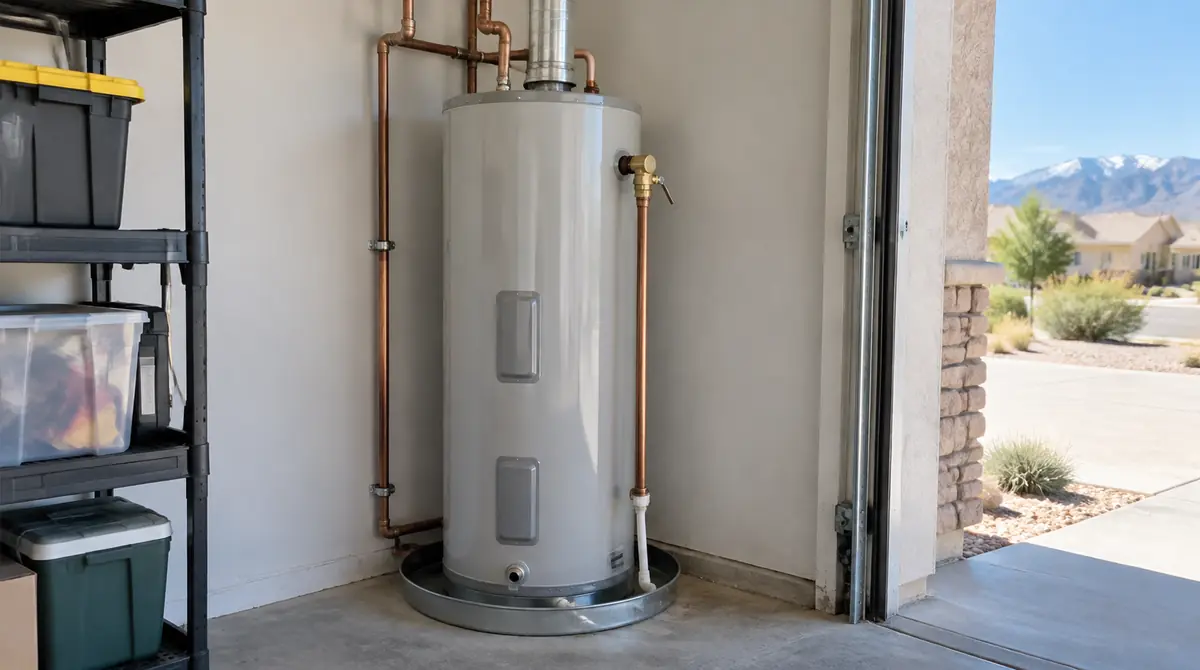 Tank water heater in a garage