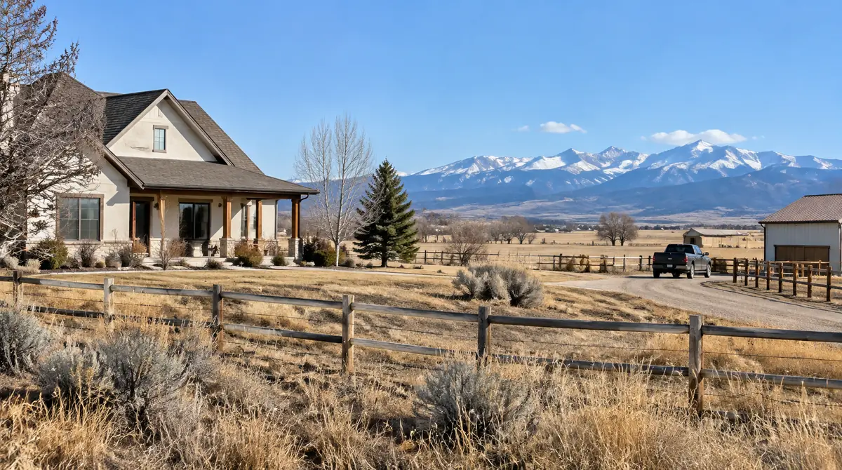 Rural house with a fence and mountains behind it