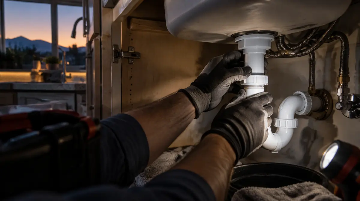 Gloved hands tightening a drain trap under a bathroom sink cabinet