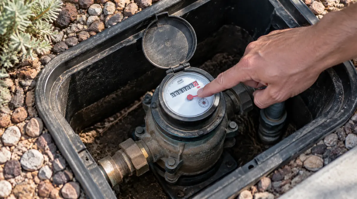 Finger pointing at a water meter dial