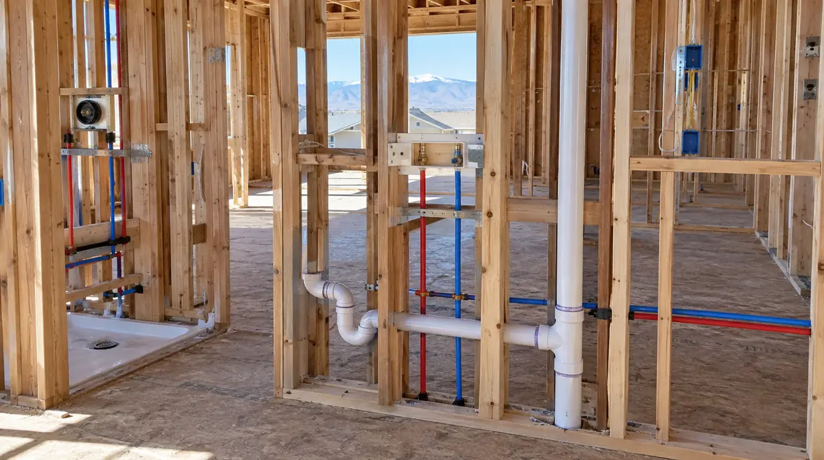 Framed walls with rough-in plumbing pipes