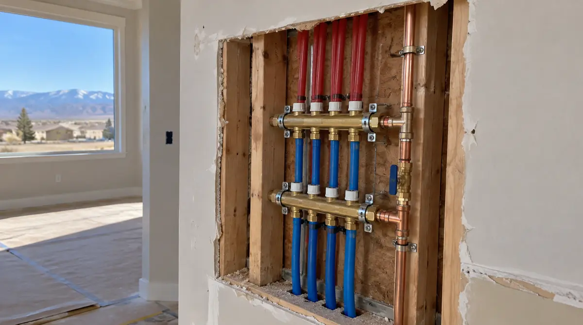 Pipe manifold with PEX and copper lines on a wall