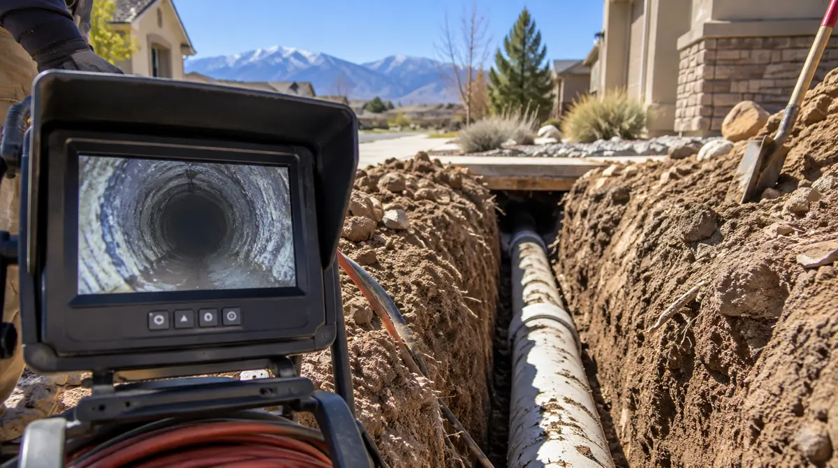 Camera monitor beside an open trench in a yard