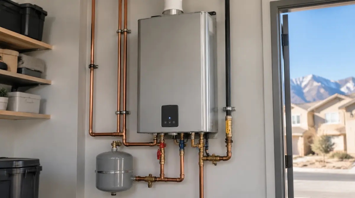 Tankless water heater mounted on a wall