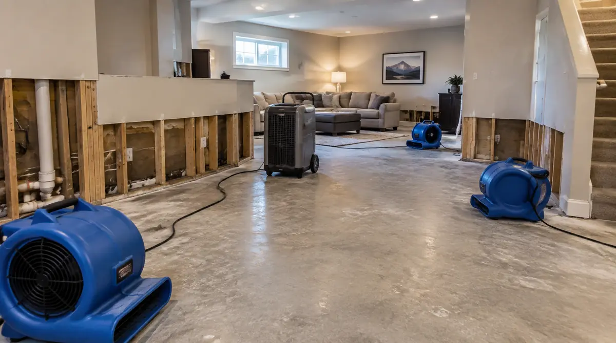 Air movers drying a basement